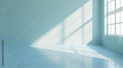The image is a 3D rendering of an empty room. The room is painted in a light blue color and has a large window that lets in plenty of natural light. photo