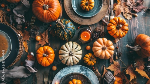 Wallpaper Mural Autumn-themed table setting with pumpkins and leaves. Concept of fall decoration, harvest celebration, rustic dining, festive arrangement. Top view Torontodigital.ca
