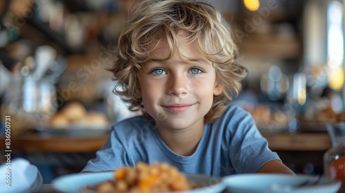 Charming young boy smiles at the camera holding a plate of food in a homely atmosphere