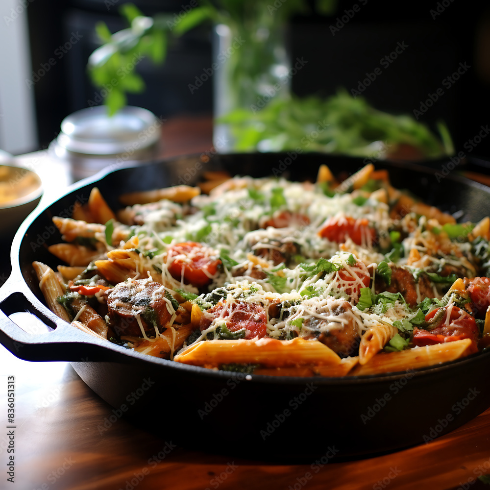 Penne pasta with mushrooms and parmesan cheese in cast iron skillet