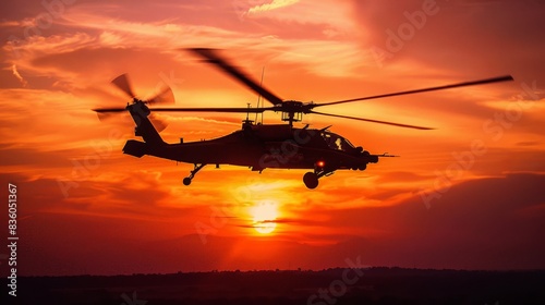 A helicopter is flying in the sky with the sun setting in the background