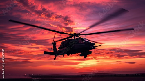 A helicopter is flying in the sky with the sun setting in the background