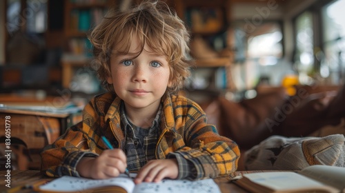 A curly-haired young boy focuses on studying with open books in front of him in a cozy indoor setting