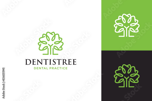 Dentist Tree Line Art Logo Design Inspiration. Vector Logo for Dental Clinic, Oral Health Products and Orthodontic Services.