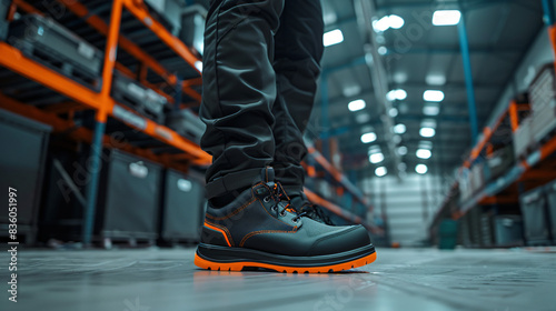 Close-up of worker's safety boots in an industrial warehouse setting