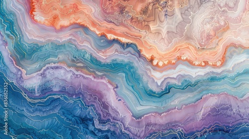 The image is an abstract painting that looks like a cross-section of colorful rock layers. photo