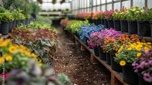 A variety of flowering plants and lush foliage line the shelves of a greenhouse with natural light