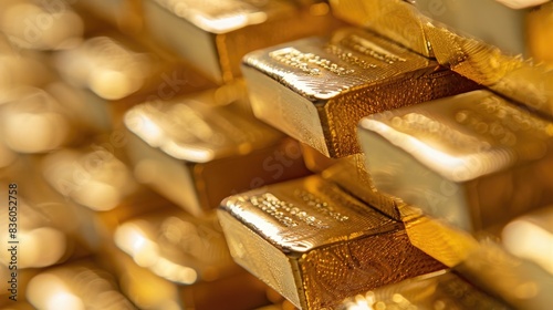 A close-up of neatly stacked gold bars, their shiny surfaces reflecting light, symbolizing wealth and prosperity