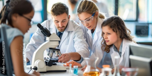An instructor is seen guiding students as they examine samples through a microscope, reflecting education, support, and hands-on learning in a science lab setting.