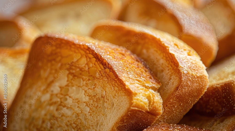 A close-up of toasted sliced bread, showing the crispy, golden-brown surface and soft interior A close-up of toasted sliced bread, showing the crispy, golden-brown surface and soft interior