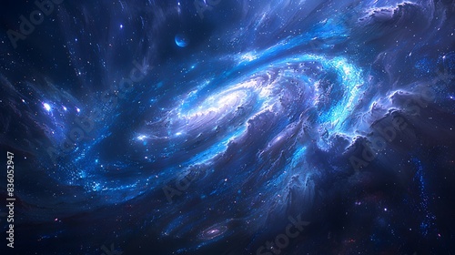 Ethereal Galaxy with Swirling Stars, Nebulae, and Planets in Deep Blues and Purples