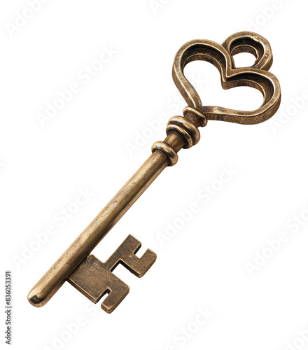 Vintage skeleton key with an ornate heart-shaped bow, symbolizing love and unlocking secrets, isolated on a white background.