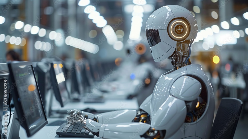 Fototapeta premium Human Workers and AI Robots Collaborating in Modern Office, Sharing Tasks and Brainstorming Together, Showcasing Futuristic Workplace Synergy and Innovation