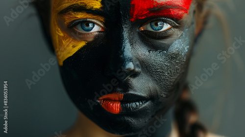 Portrait of pretty young woman with face painted in colors of german flag. European football championship 2024 fan  supporter. Generative AI