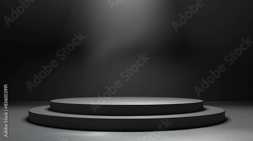 Black and white abstract background. 3D rendering of a stage with a spotlight.