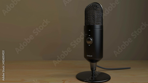 Professional microphone on a wooden table. The microphone is black and has a silver button. The table is brown and has a light wood grain. photo