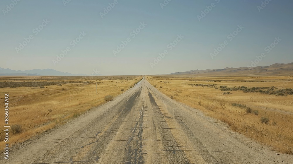 An empty, open road stretching into the horizon under a clear sky, the simplicity of the scene evoking a sense of freedom and endless possibility.