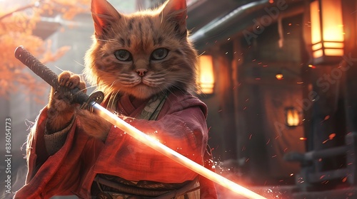 Cute cat in clothing, holding glowing sword, perfect for captivating banners.