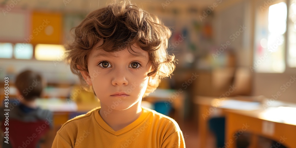 A little boy sitting in a colorful classroom with a serious expression, emphasizing early educational setting and highlighting the importance of attention and learning even at a young age. A little boy sitting in a colorful classroom with a serious expression, emphasizing early educational setting and highlighting the importance of attention and learning even at a young age.