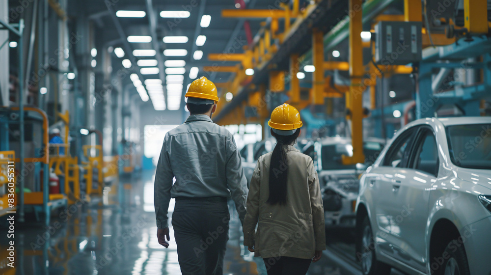Male and female engineer in safety helmets inspect automotive assembly line Male and female engineer in safety helmets inspect automotive assembly line