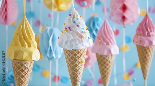 Colorful 3D rendering of ice cream cones with different flavors. The image has a soft pastel color scheme and a whimsical feel. photo
