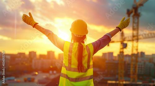 Back view of a female construction worker with arms raised against an urban skyline at sunset