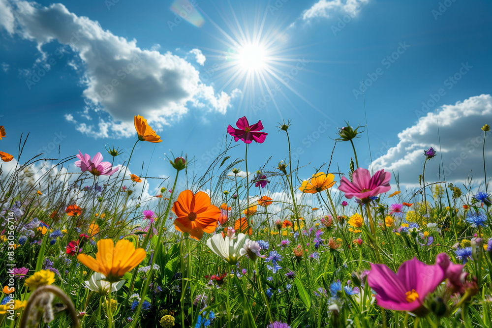 Beautiful spring meadow with colorful wild flowers under a blue sky and sun rays, in a wide angle. Beautiful spring meadow with colorful wild flowers under a blue sky and sun rays, in a wide angle.