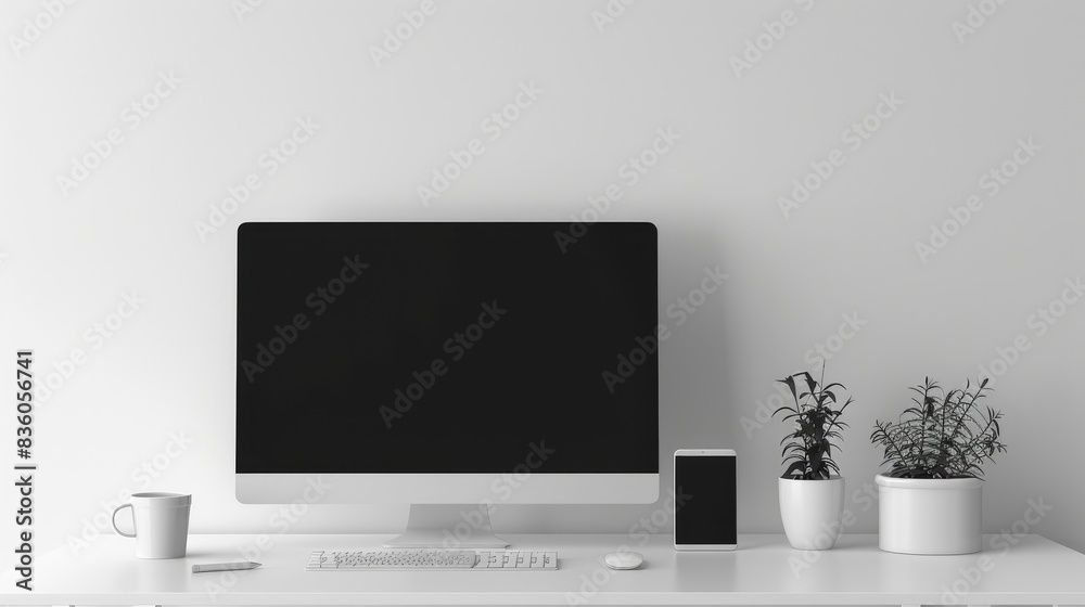 A minimalist office setup with a computer monitor and keyboard, leaving plenty of white space for text
