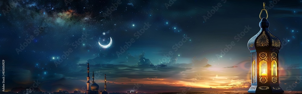 Naklejka premium Enchanting Nighttime Lantern and Mosque Scene