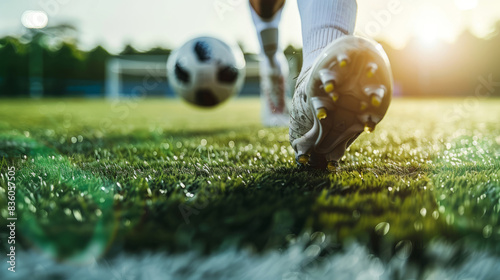 A football player's legs kick the ball on the green grass