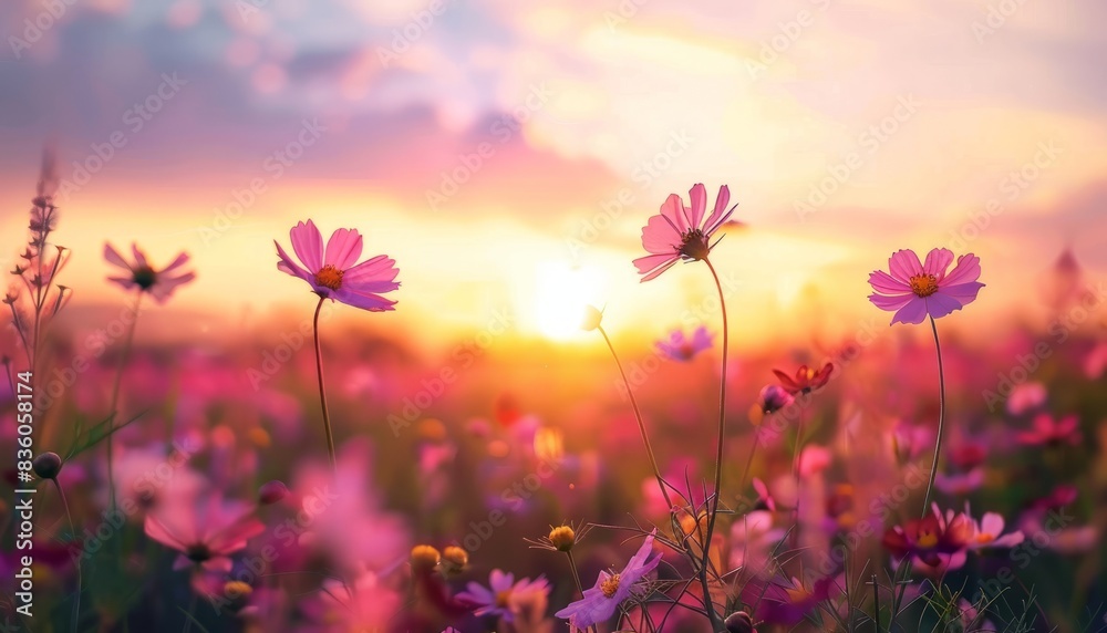 Fototapeta premium Sunset Splendor: The Stunning Cosmos Flower Field Landscape