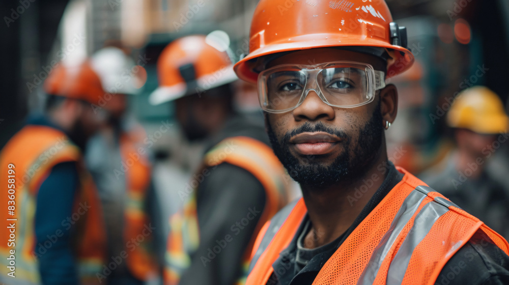 Close-up of a focused construction worker with hard hat and safety vest, team in background Close-up of a focused construction worker with hard hat and safety vest, team in background
