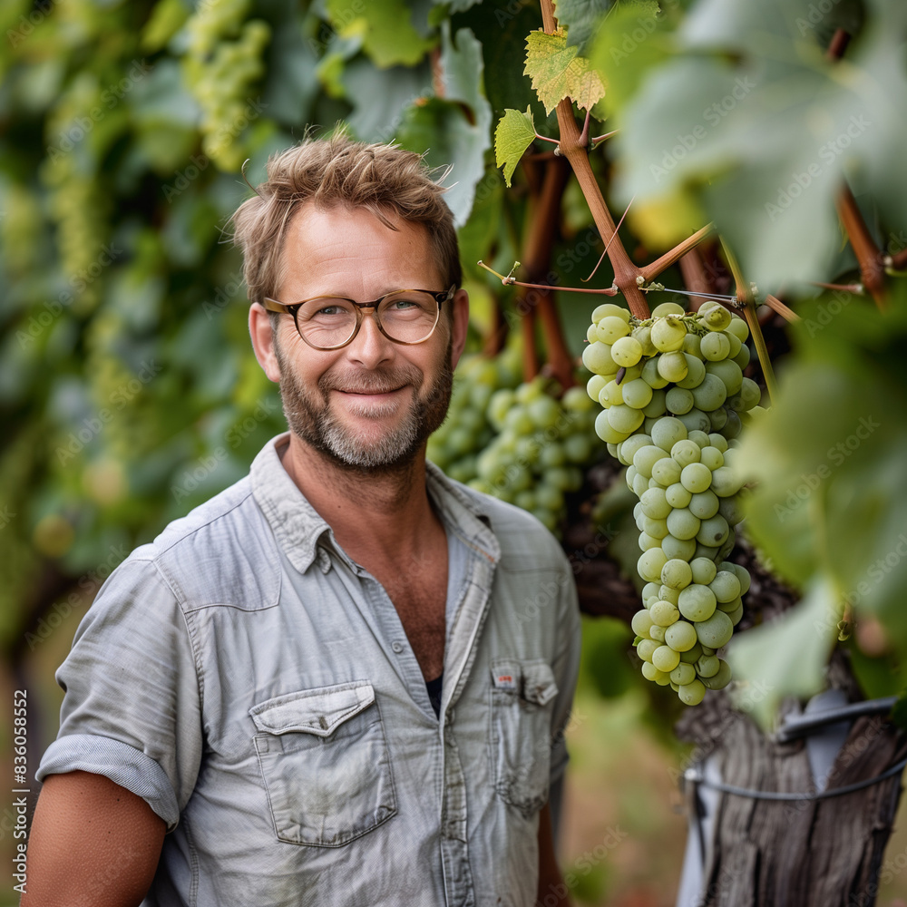 Obraz premium winemaker in the nature next to vine grapes producing vine