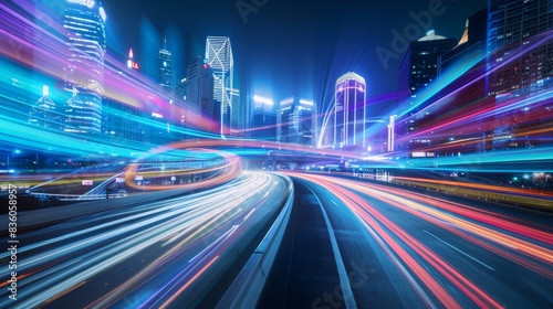 Cityscape at night with vibrant light trails from traffic, highlighting urban energy and modernity. Concept of city life, speed, and technology. 