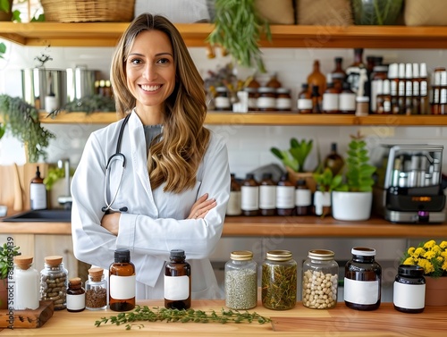 Naturopathic Doctor in Her Clinic with Herbal Supplements and Natural Products