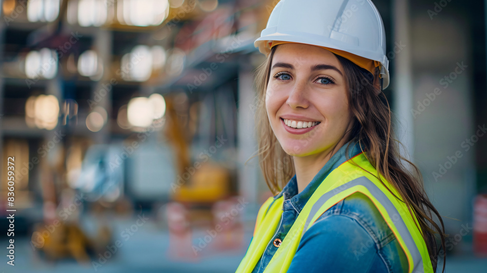 Confident young woman in hard hat and reflective vest at a building site