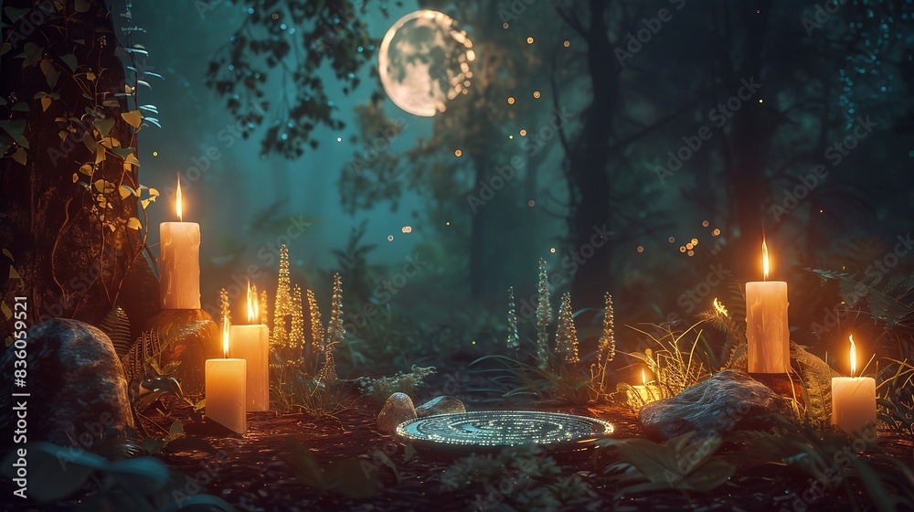 Deep forest scene with glowing candles and mystical moon amulet in darkness. Deep forest scene with glowing candles and mystical moon amulet in darkness.