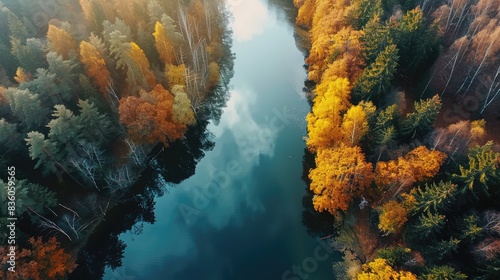 Aerial View of Autumn Forest and River Captured by Drone