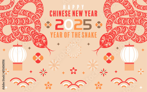 Happy chinese new year 2025  the snake zodiac sign with flower,lantern,pattern,cloud asian elements flat design style on color background. (Translation : happy new year 2025 year of the snake)
