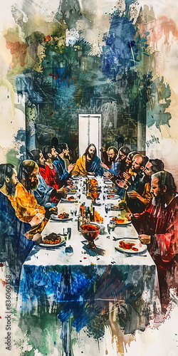 The Last Supper of Jesus Christin a watercolor style. AI generative. photo