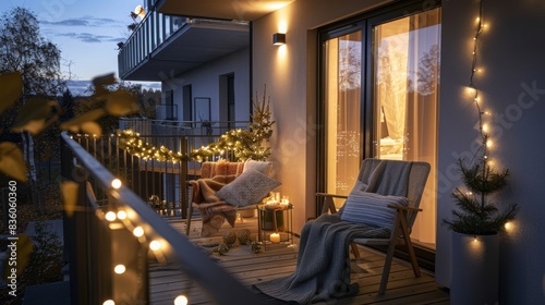 Cozy balcony decorated with string lights and festive decorations, overlooking a serene evening landscape. Concept of comfort, celebration, and outdoor living.
 photo