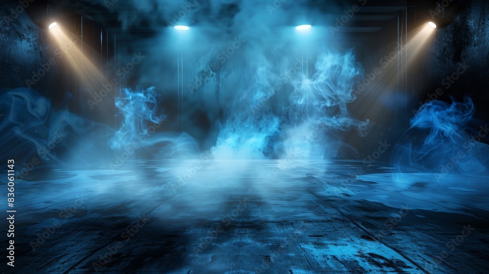 Mysterious dark room with blue smoke and spotlight beams, creating an eerie and atmospheric scene. Concept of mystery, drama, and the unknown.
Mysterious dark room with blue smoke and spotlight beams, creating an eerie and atmospheric scene. Concept of mystery, drama, and the unknown.