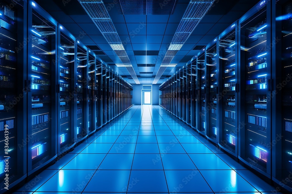 Server room data center corridor with blue lights. 3D Rendering Server room data center corridor with blue lights. 3D Rendering