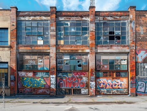 Industrial building facade featuring exposed brickwork, large factory windows, and graffiti art, creating a blend of old and new aesthetics 