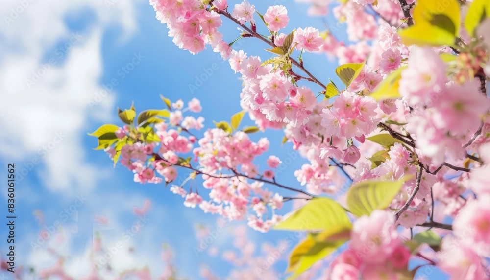 Fototapeta premium Blossoms in Bloom: A Stunning Display of Cherry Blossom Sakura Against a Blue Spring Sky