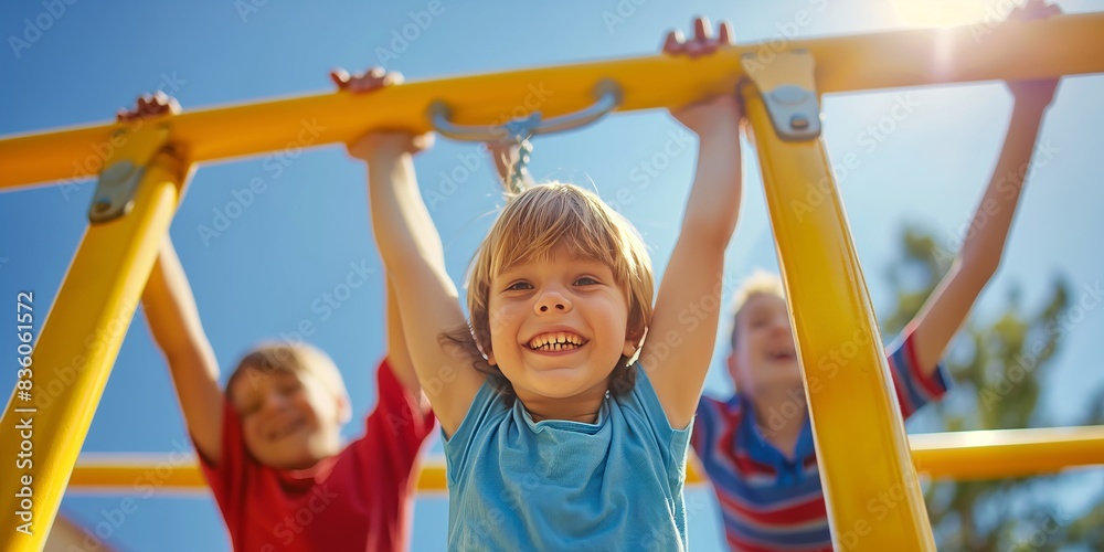 Fototapeta premium A joyful young boy hanging onto the playground monkey bars, enjoying the carefree and spirited moments of childhood amidst a sunny and lively playground.