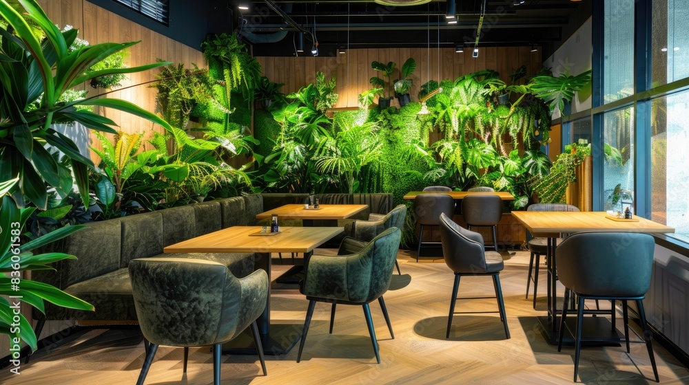 Fototapeta premium Decoration of tiny faux green plants in a restaurant or living space