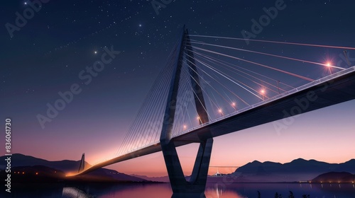 Modern cable-stayed bridge with sleek lines and illuminated at night, creating a striking silhouette against the twilight sky  photo