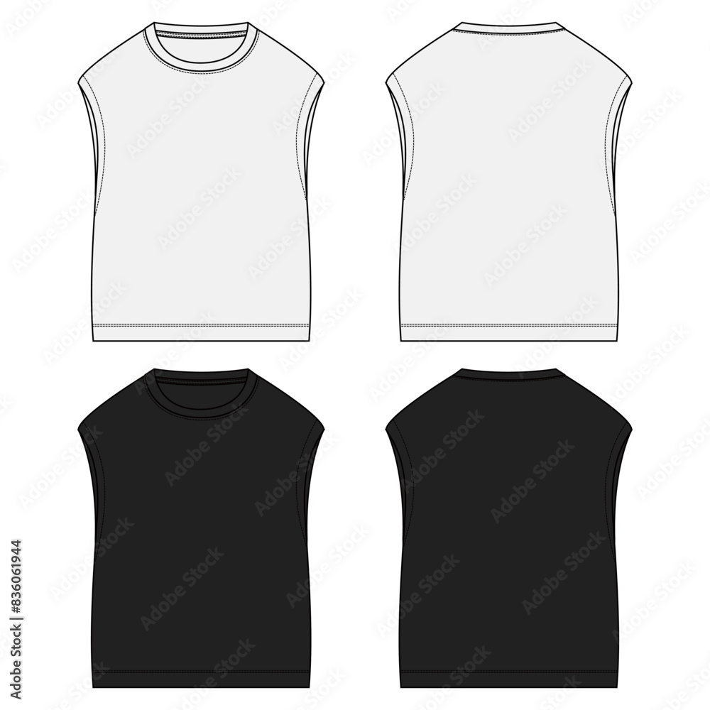 Technical drawing Sleeveless T shirt tank tops vector illustration template front and back views Technical drawing Sleeveless T shirt tank tops vector illustration template front and back views