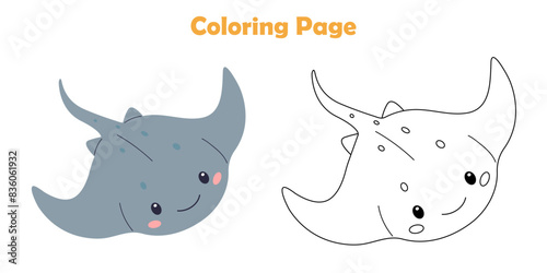 Coloring page sea stingray, children's illustration on white background. Vector. Child Game. Sea life.